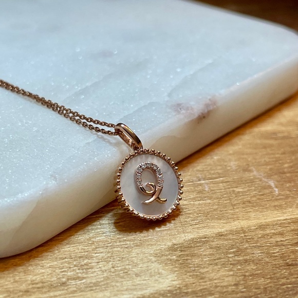 14K Rose Gold Mother of Pearl & Diamond Necklace Initial 